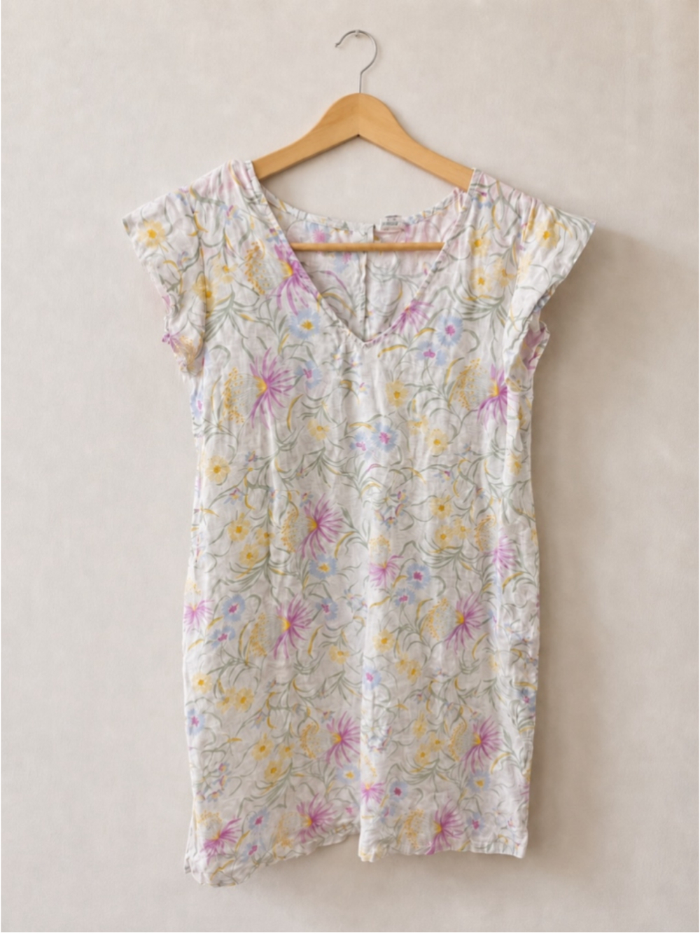 Joie 100% Linen Floral Shift Dress Women’s Large White Pastel V-Neck